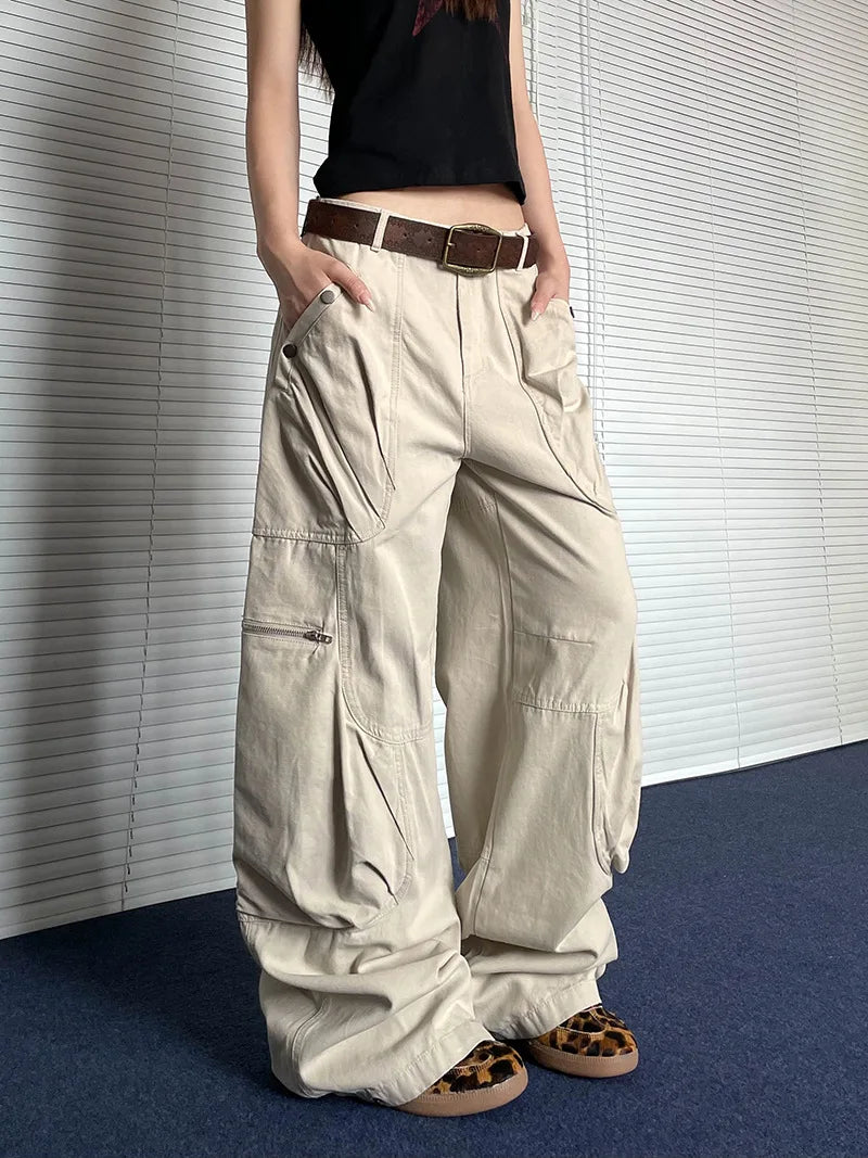 American Retro Wide Leg Workwear Pants Women's Street Loose Straight Leg Trousers Beige Color Polyester Fabric Casual Pants