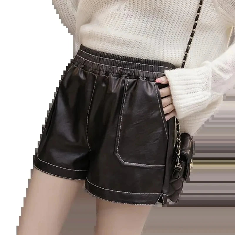 2024 Women Black  PU Leather Shorts High Waist Wide Leg Faux Leather Shorts High Quality Winter Loose PU Shorts  4XL