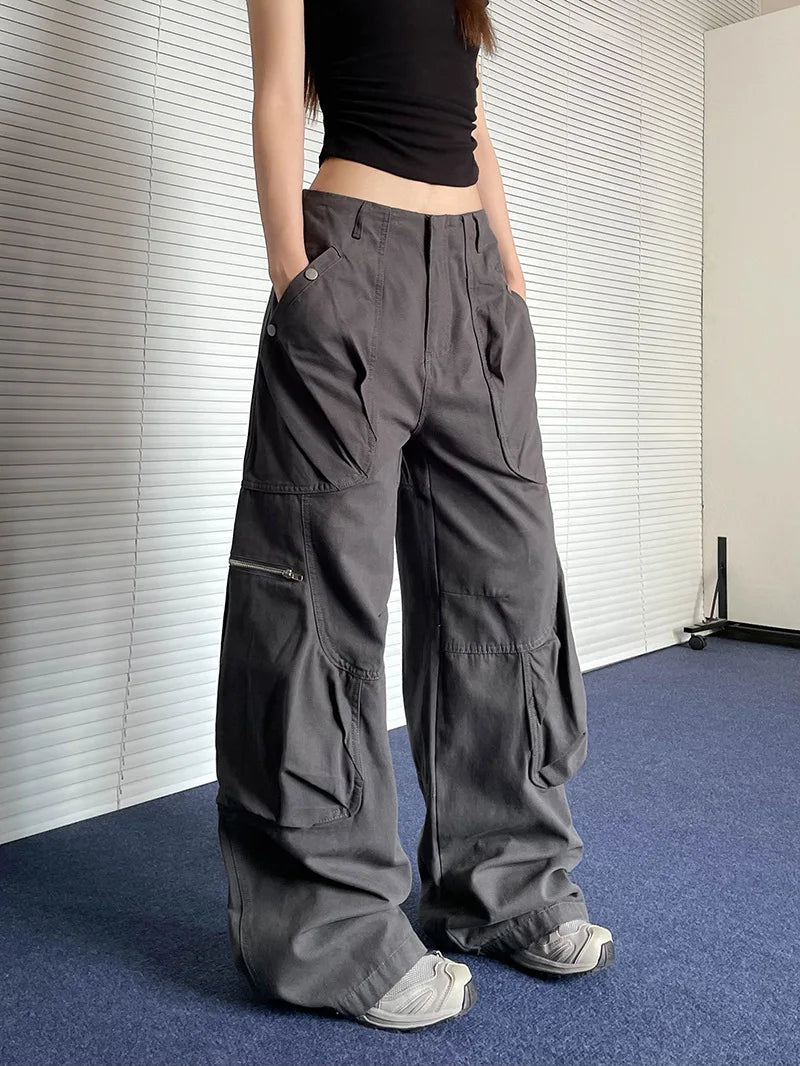 American Retro Wide Leg Workwear Pants Women's Street Loose Straight Leg Trousers Beige Color Polyester Fabric Casual Pants