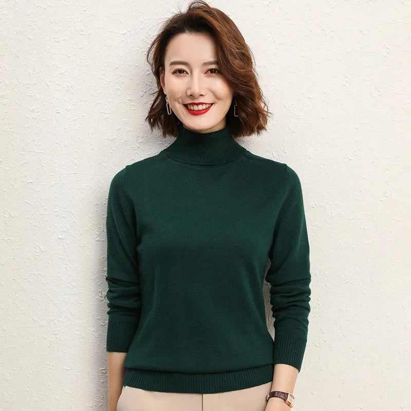 Solto manga longa gola alta camisola de malha feminina overhead topo outono inverno novo estilo emagrecimento camada base outerwear