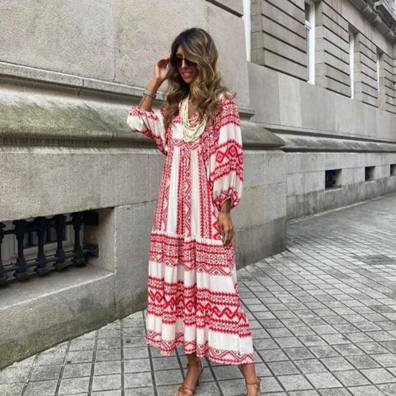 Eva - Luxe Boho Maxi Jurk met Lantaarnmouwen