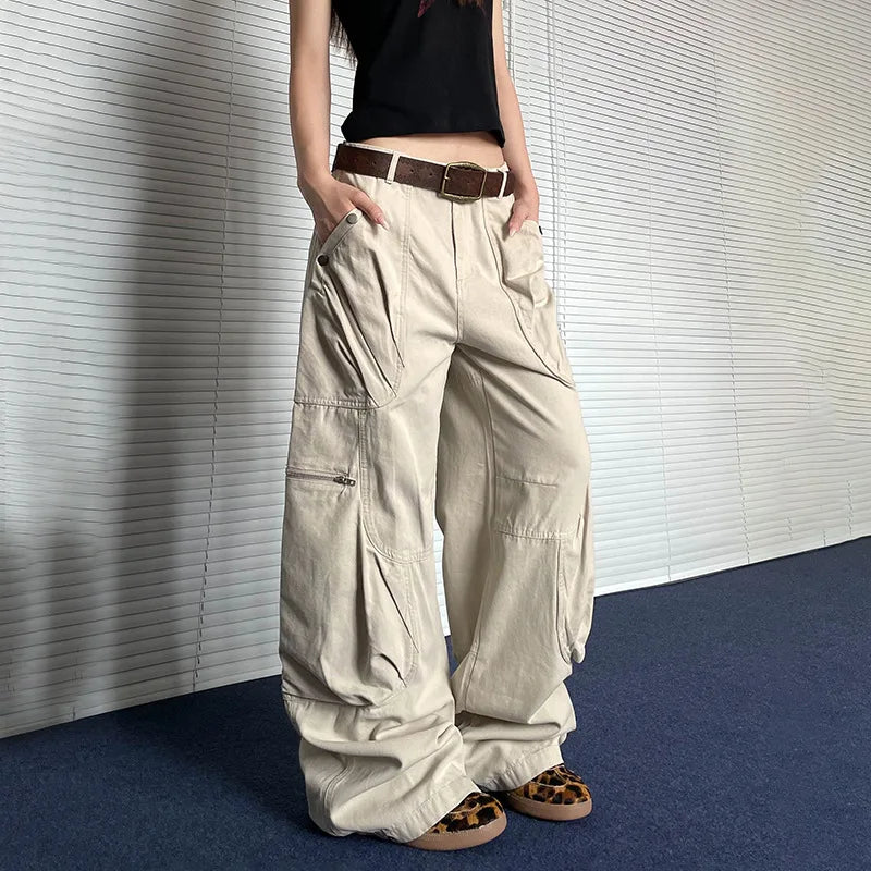 American Retro Wide Leg Workwear Pants Women's Street Loose Straight Leg Trousers Beige Color Polyester Fabric Casual Pants