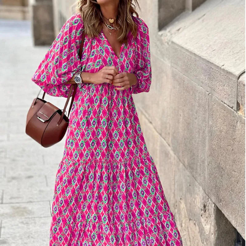 Eva - Luxe Boho Maxi Jurk met Lantaarnmouwen