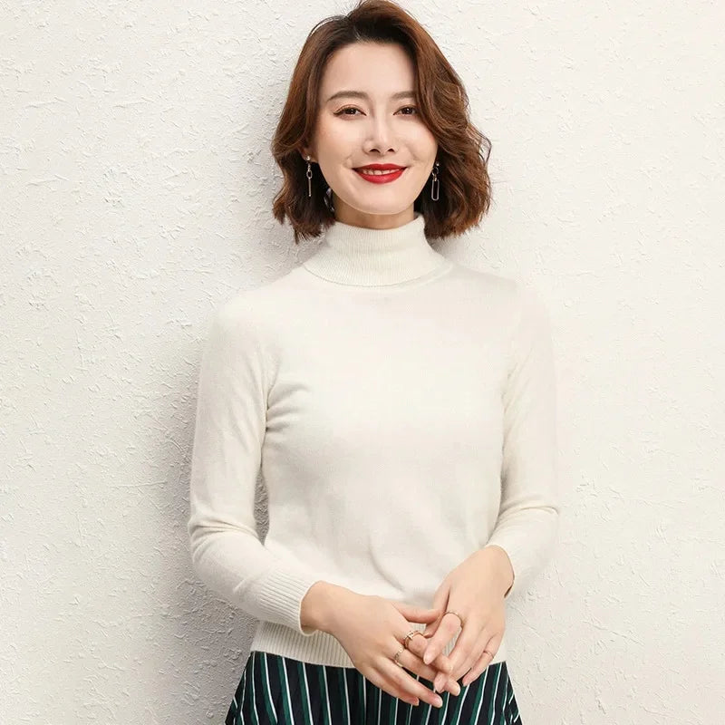 Solto manga longa gola alta camisola de malha feminina overhead topo outono inverno novo estilo emagrecimento camada base outerwear