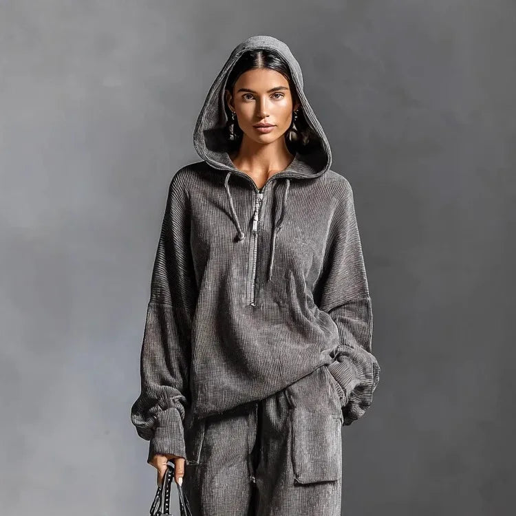 2025 Women's Fashion Hooded Long Sleeve Sweatshirt with Elastic Pocket Long Pants Two-Piece Set