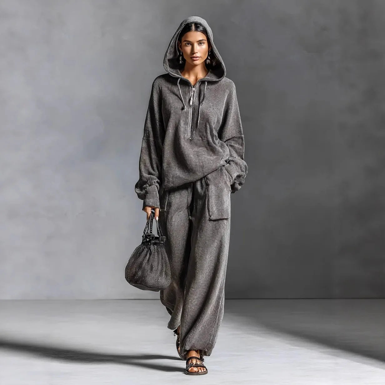 2025 Women's Fashion Hooded Long Sleeve Sweatshirt with Elastic Pocket Long Pants Two-Piece Set