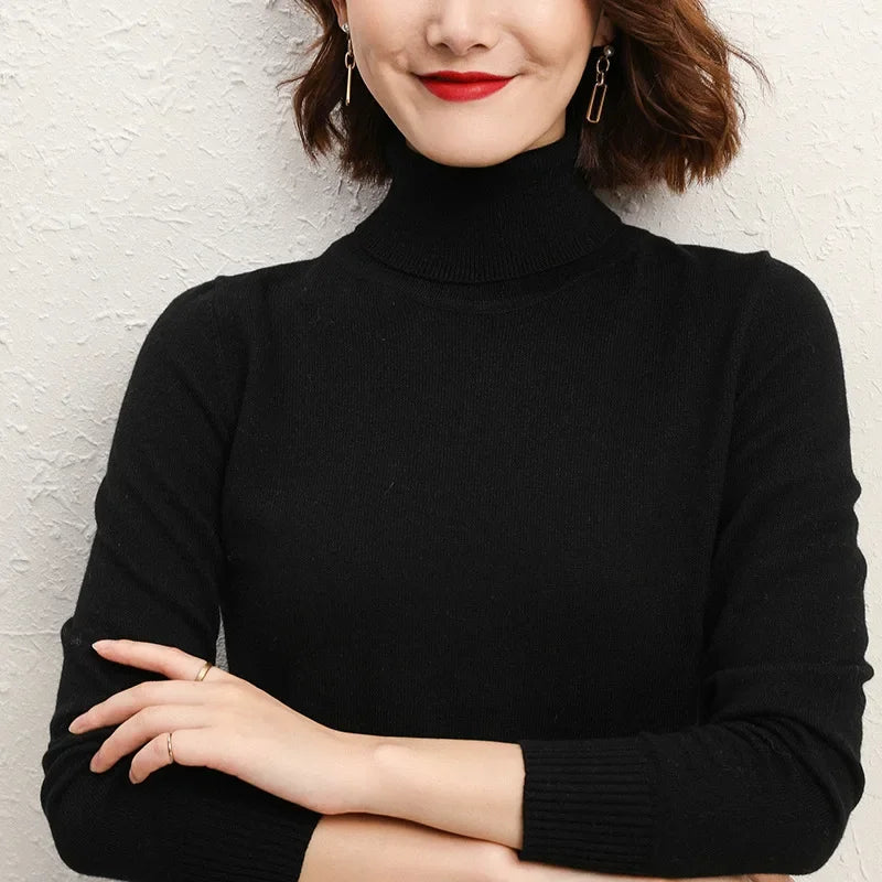 Solto manga longa gola alta camisola de malha feminina overhead topo outono inverno novo estilo emagrecimento camada base outerwear