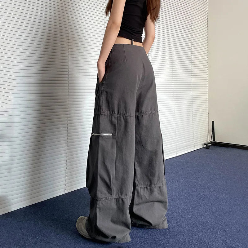 American Retro Wide Leg Workwear Pants Women's Street Loose Straight Leg Trousers Beige Color Polyester Fabric Casual Pants