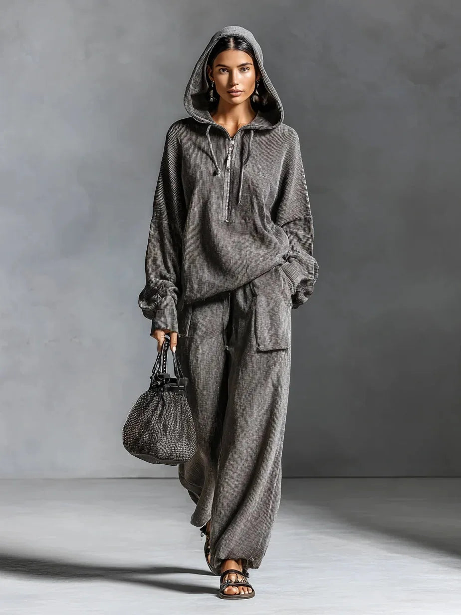 2025 Women's Fashion Hooded Long Sleeve Sweatshirt with Elastic Pocket Long Pants Two-Piece Set