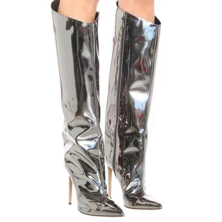 Metallic Long Boots Women's Cross-Border Knee-High Shiny Mirror Finish High Heel Fashion Show Style Polyurethane Lined China Mad