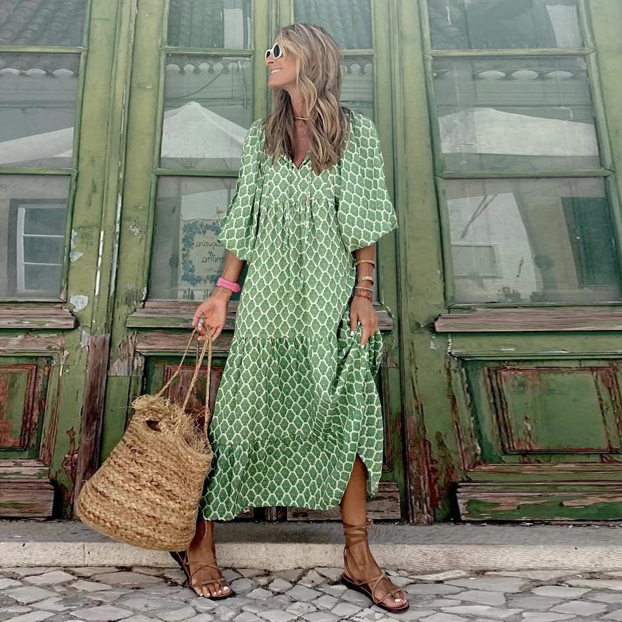 Eva - Luxe Boho Maxi Jurk met Lantaarnmouwen