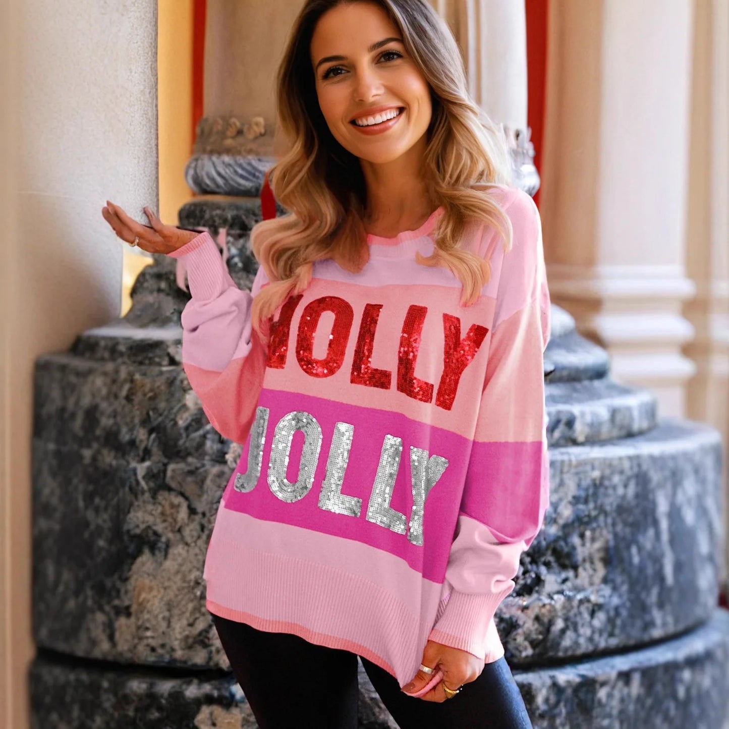 Suéter casual feminino com letras soltas, camisa de malha brilhante, versátil, confortável, estilo coreano, manga comprida, gola redonda