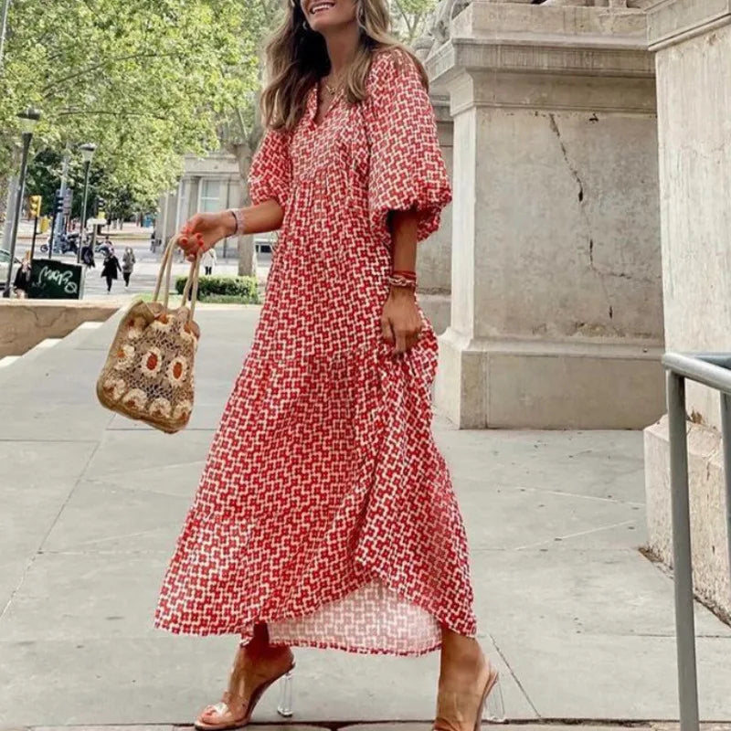 Eva - Luxe Boho Maxi Jurk met Lantaarnmouwen