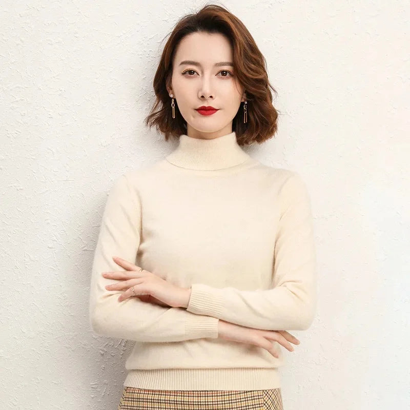 Solto manga longa gola alta camisola de malha feminina overhead topo outono inverno novo estilo emagrecimento camada base outerwear