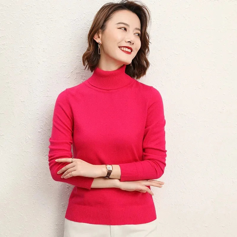 Solto manga longa gola alta camisola de malha feminina overhead topo outono inverno novo estilo emagrecimento camada base outerwear