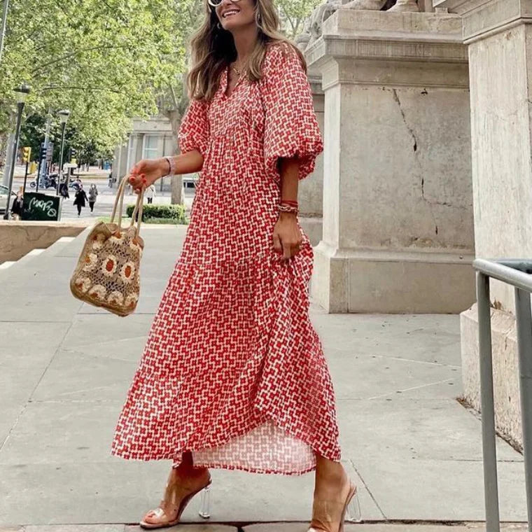 Eva - Luxe Boho Maxi Jurk met Lantaarnmouwen
