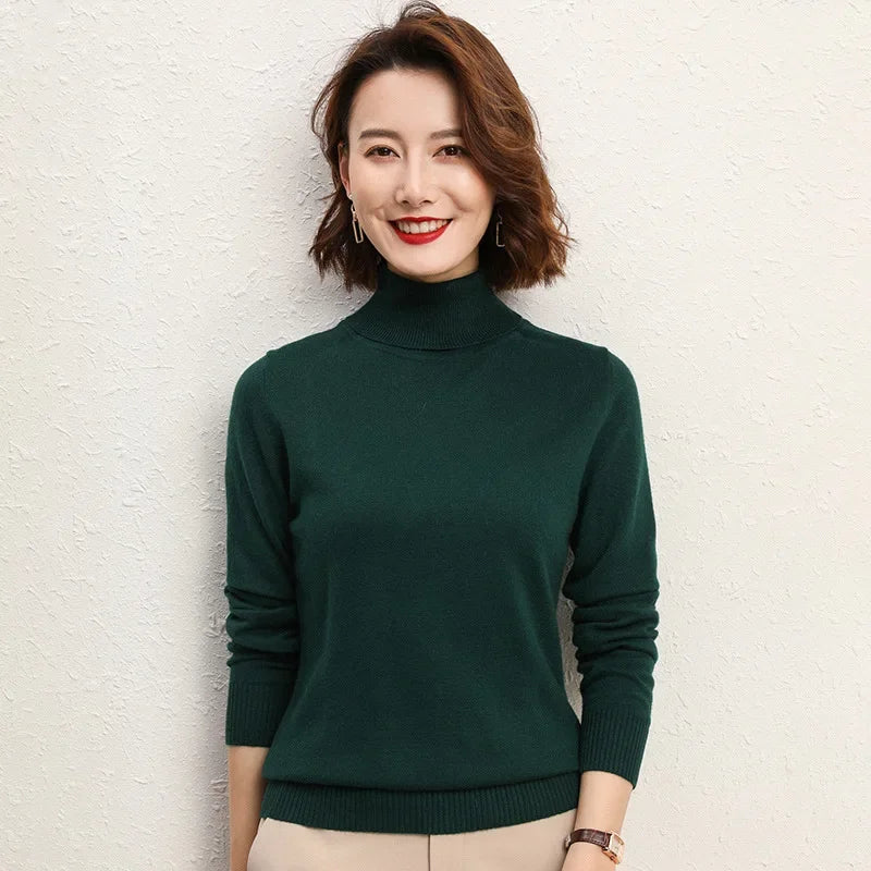 Solto manga longa gola alta camisola de malha feminina overhead topo outono inverno novo estilo emagrecimento camada base outerwear