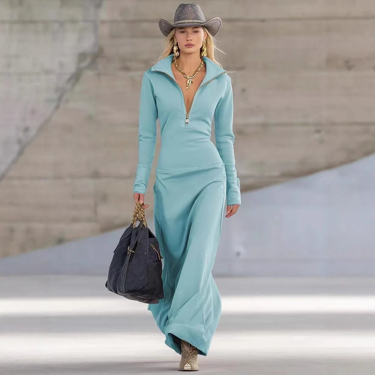 2025 New European and American Women's Zipper POLO Collar Autumn and Winter Slim Fit Long Dress for Women's Casual Long Sleeved