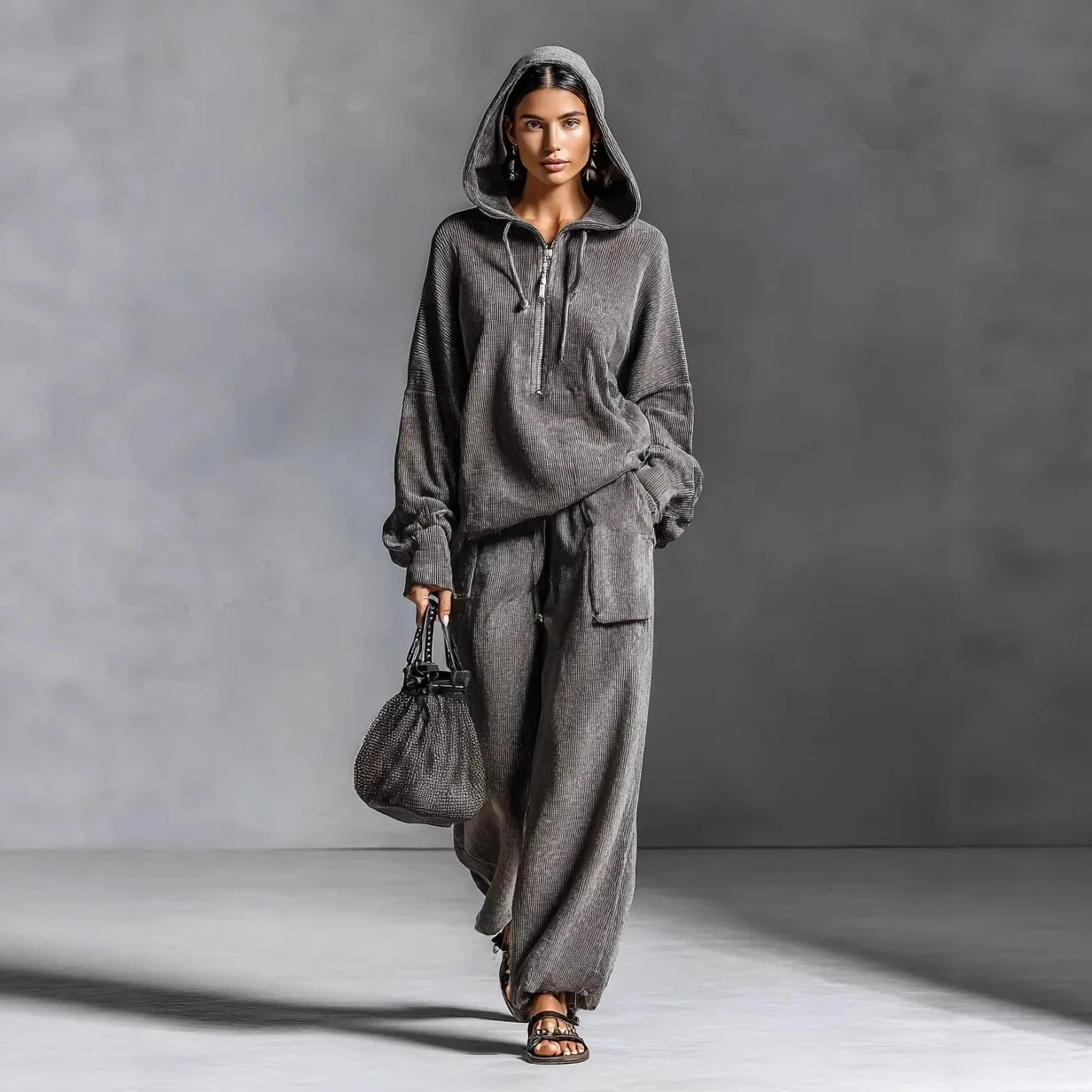 2025 Women's Fashion Hooded Long Sleeve Sweatshirt with Elastic Pocket Long Pants Two-Piece Set