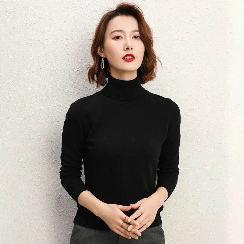 Solto manga longa gola alta camisola de malha feminina overhead topo outono inverno novo estilo emagrecimento camada base outerwear