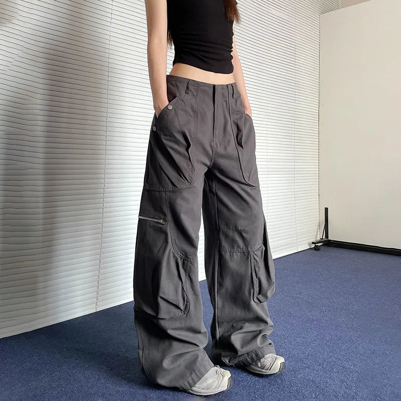 American Retro Wide Leg Workwear Pants Women's Street Loose Straight Leg Trousers Beige Color Polyester Fabric Casual Pants