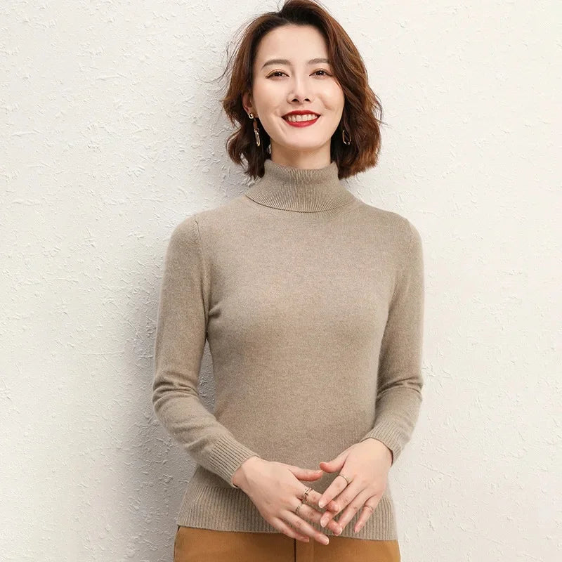 Solto manga longa gola alta camisola de malha feminina overhead topo outono inverno novo estilo emagrecimento camada base outerwear