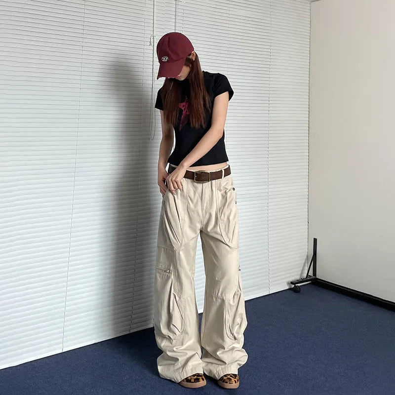 American Retro Wide Leg Workwear Pants Women's Street Loose Straight Leg Trousers Beige Color Polyester Fabric Casual Pants