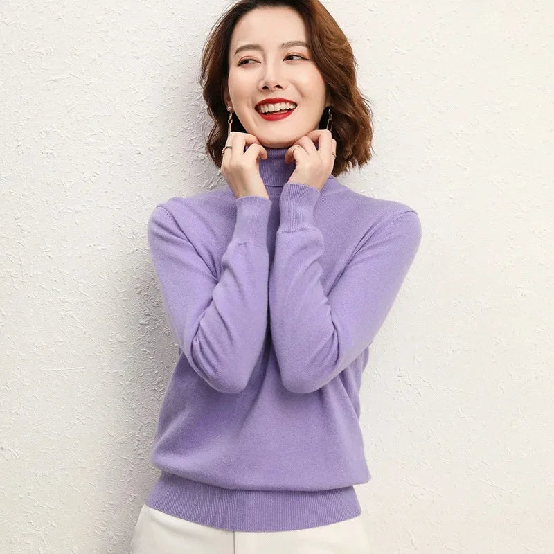 Solto manga longa gola alta camisola de malha feminina overhead topo outono inverno novo estilo emagrecimento camada base outerwear