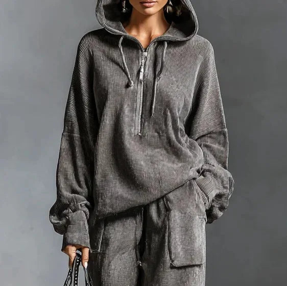 2025 Women's Fashion Hooded Long Sleeve Sweatshirt with Elastic Pocket Long Pants Two-Piece Set