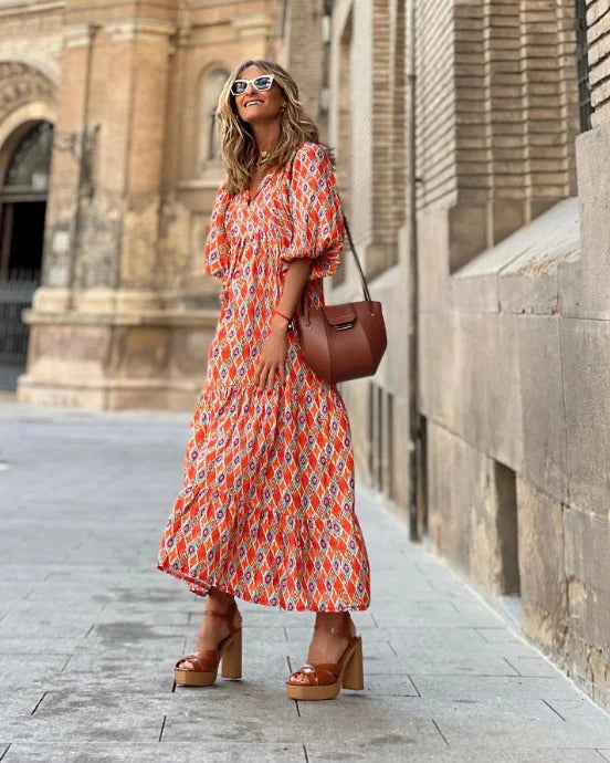 Eva - Luxe Boho Maxi Jurk met Lantaarnmouwen