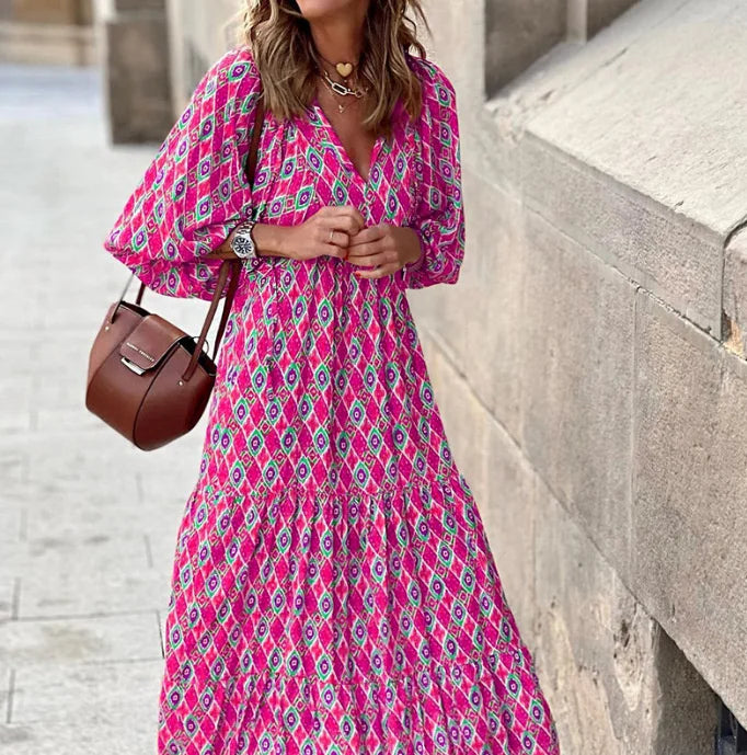 Eva - Luxe Boho Maxi Jurk met Lantaarnmouwen