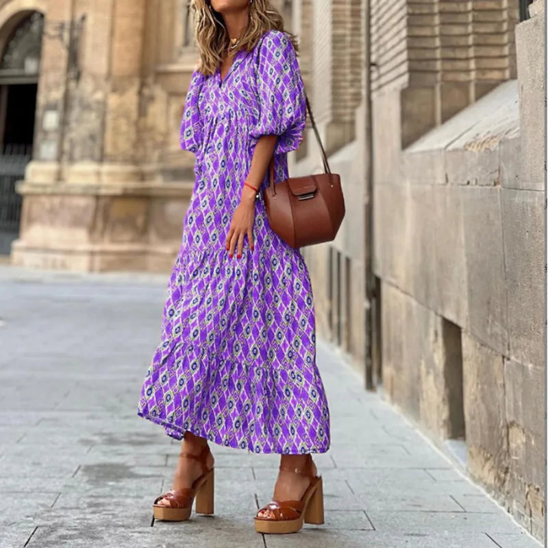 Eva - Luxe Boho Maxi Jurk met Lantaarnmouwen